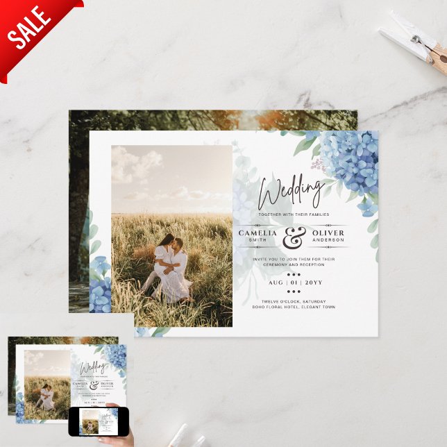Papier Faire-part de mariage photo moderne Blue Hydrangea (Créateur téléchargé)
