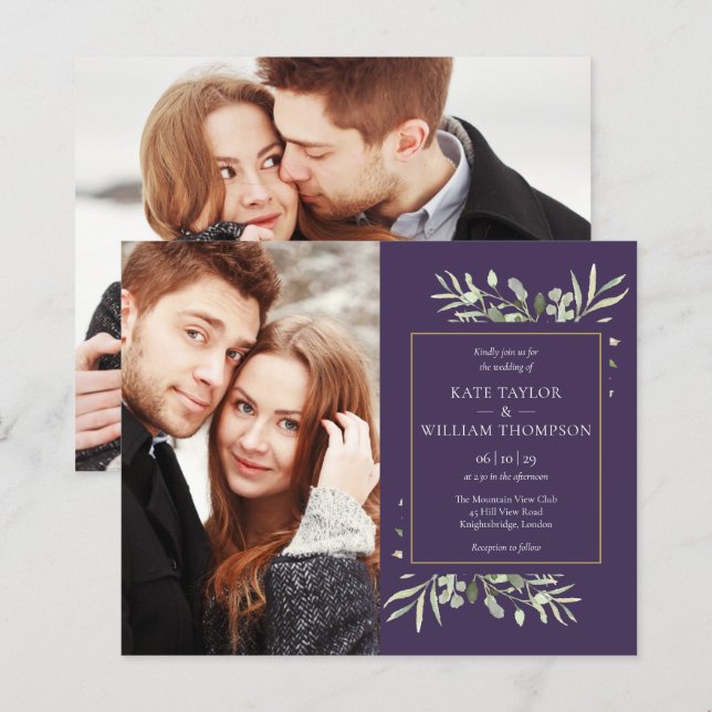 Papier Faire-part de mariage photo Purple Budget Greenery (Devant / Derrière)