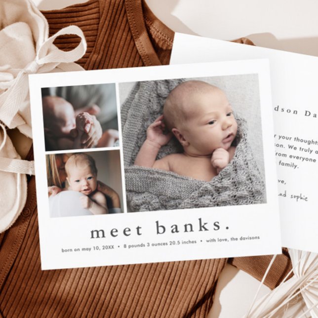 Papier Faire-part de naissance avec collage de photos de  (Simple Typography 3 Photo Collage Baby Stats Birth Announcement Thank You Cards.)