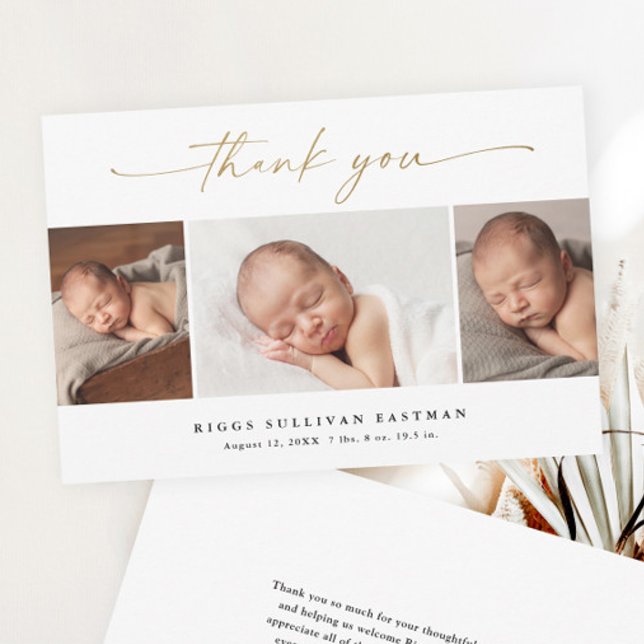 Papier Faire-part de naissance Bébé Script Budget 3 Photo (Elegant gold script 3 photo collage baby budget thank you card birth announcement.)