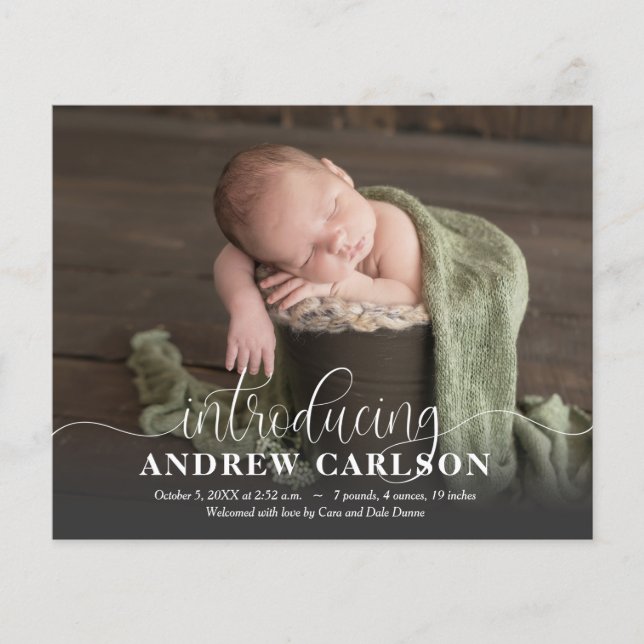 Papier Faire-part de naissance de script blanc de la phot (Devant)