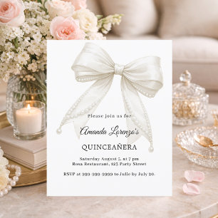 Papier Faire-part de Quinceanera avec arc et perles blanc
