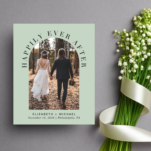 Papier Faire-part de réception de mariage Arch Photo Sage (Celebrate your love story with an invitation showcasing your favorite photo in an elegant arch frame)
