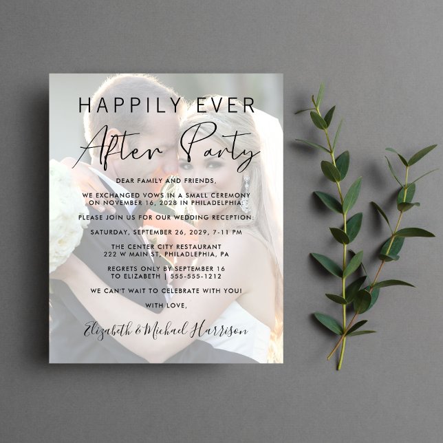 Papier Faire-Part de Réception de Mariage Photo Happily E (A stylish photo overlay invitation for a reception to celebrate your elopement or private wedding)