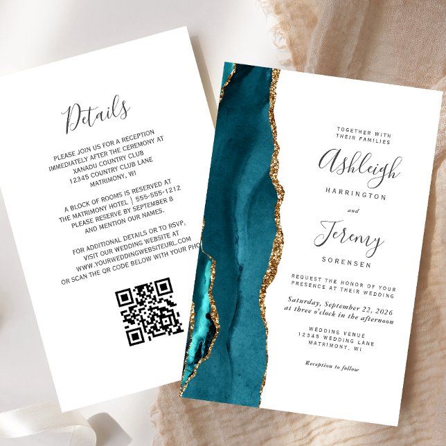 Papier Fairepart de mariage à code QR sarcelle doré à pet (Créateur téléchargé)