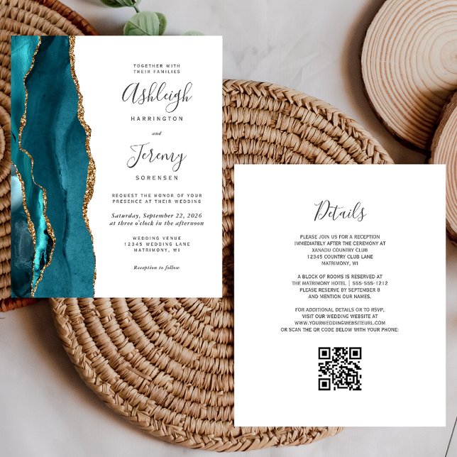 Papier Fairepart de mariage à code QR sarcelle doré à pet (Créateur téléchargé)