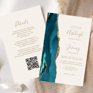 Papier Fairepart de mariage à code QR sarcelle or ivoire 
