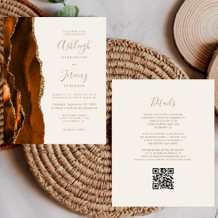 Papier Fairepart de mariage Code QR Budget Rust Or Ivoire