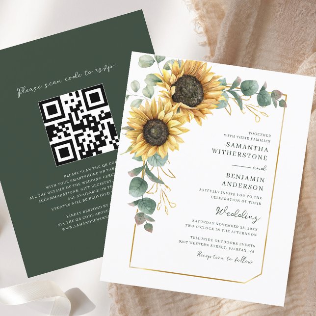 Papier Fairepart de mariage code QR tout-en-un Tournesol (Sunflower All-in-One QR Code Wedding Invitation)