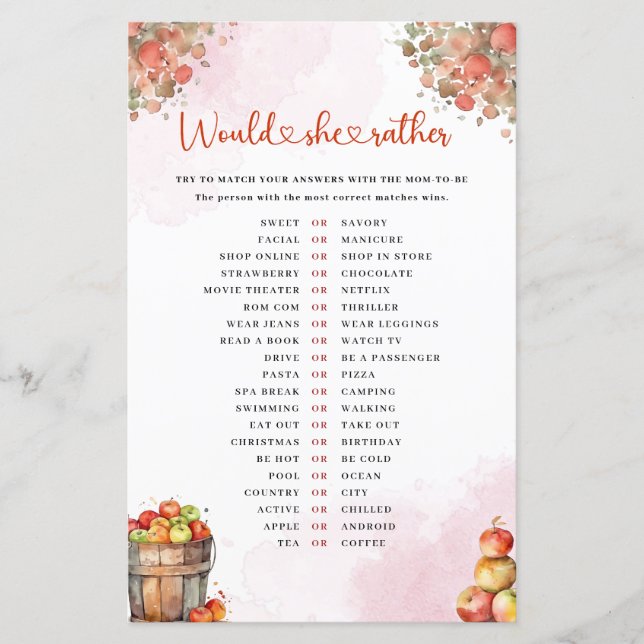 Papier Fall Apple Voudrait-Elle Plutôt Baby shower Jeu (Devant)