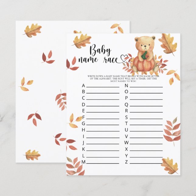 Papier Fall Bear - Jeu de course de noms de bébé (Devant / Derrière)