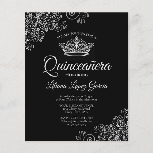 Papier Fancy Silver & Black BUDGET Quinceañera Invitation (Devant)