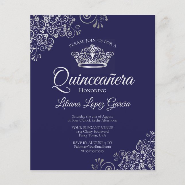 Papier Fancy Silver & Navy BUDGET Quinceañera Invitation (Devant)