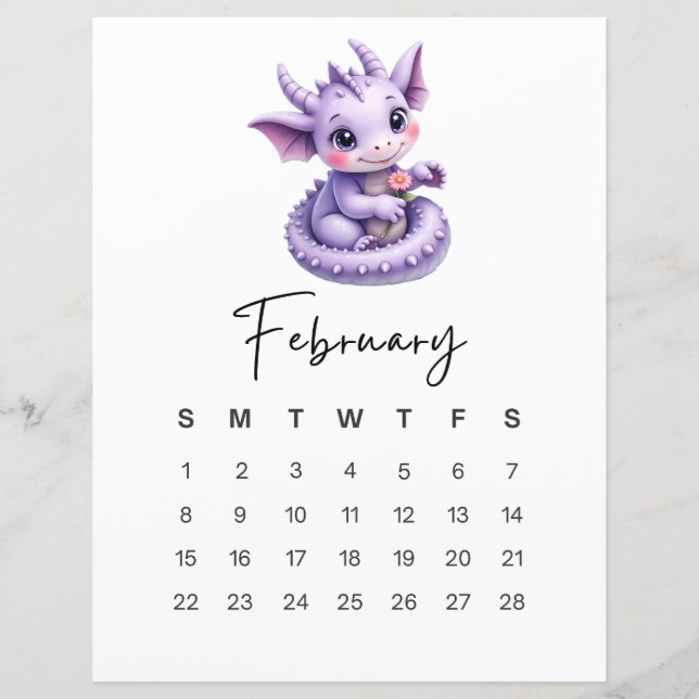 Papier February Baby Dragon Cute Fantasy Monthly Calendar (Devant)