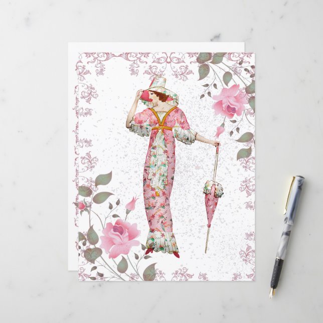 Papier Femme vintage des années 1900 encadrée de Roses (Devant/Arrière en situation)