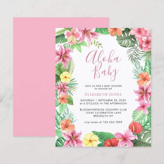 Papier Fête de Bébé Florale Tropicale Été Rose Aloha (Devant / Derrière)