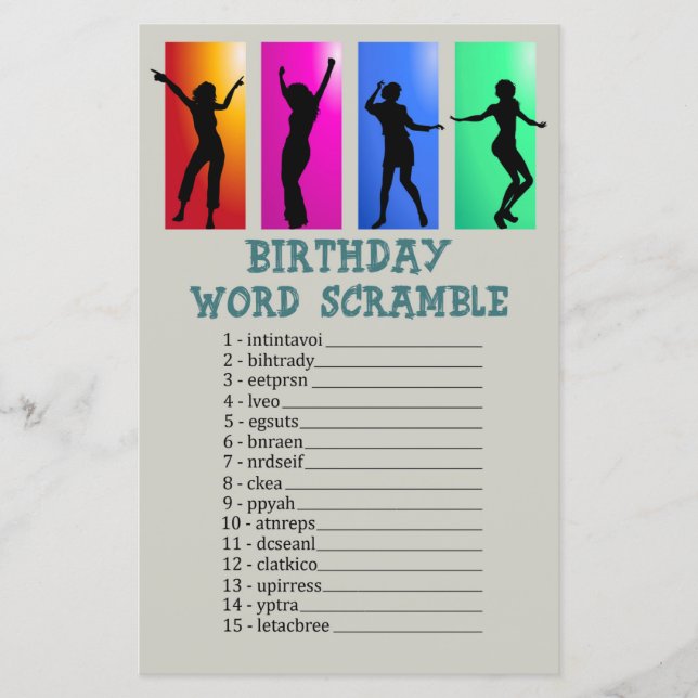 Papier Fête de danse Anniversaire Mot Scramble Jeu (Devant)