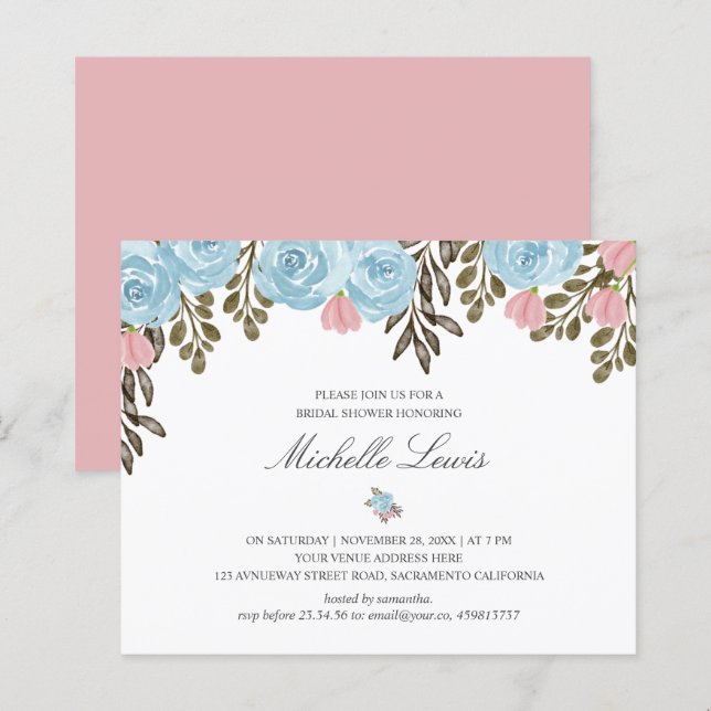 Papier Fête des mariées à fleurs chic bleu rose (Devant / Derrière)