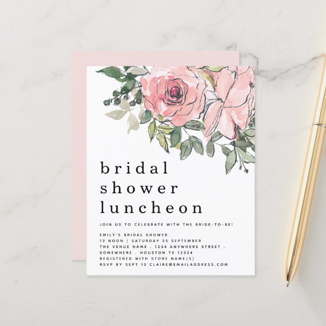 Papier Fête des mariées Budget Blush Florals Invitation d (Devant/Arrière en situation)