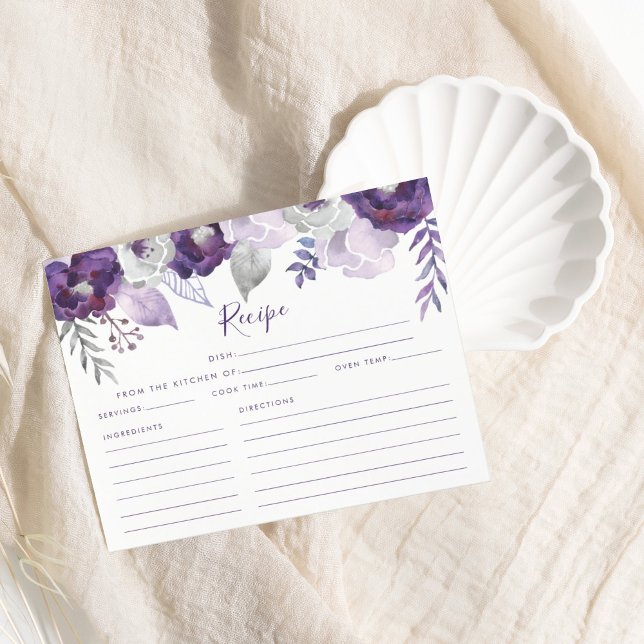 Papier Fête des mariées d'aquarelle violet et argent Rece (Purple & Silver Watercolor Bridal Shower Recipe)