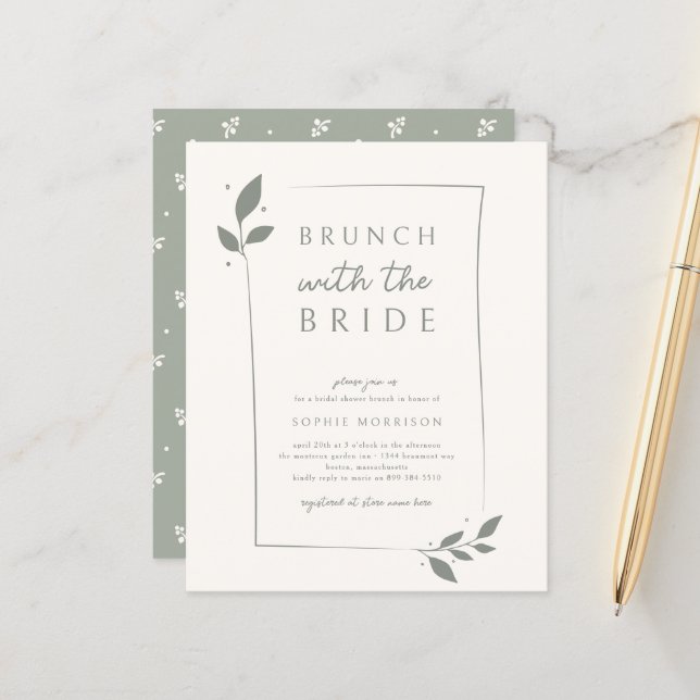 Papier Fête des mariées de Brunch Botanique Budget Sage (Devant/Arrière en situation)