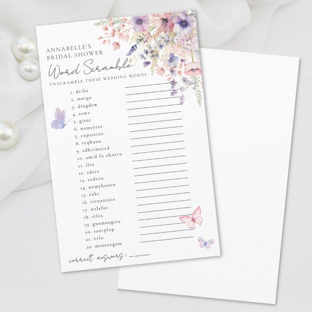 Papier Fête des mariées de Fleur sauvage de papillon Word (Word Scramble Butterfly Wildflower Bridal Shower )