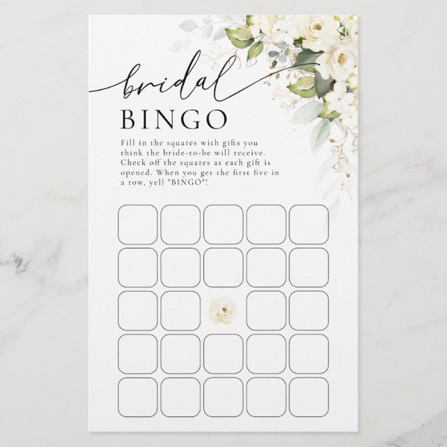 Papier Fête des mariées de roses blanches vertes Bingo (Devant)