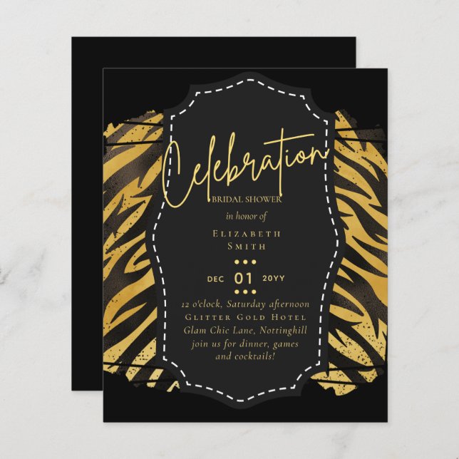 Papier Fête des mariées en or noir brillant Invitations (Devant / Derrière)
