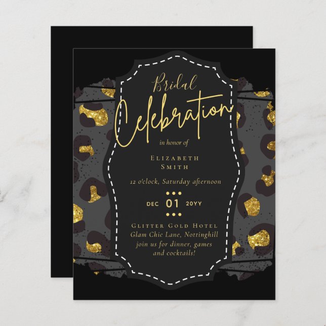 Papier Fête des mariées en or noir brillant Invitations (Devant / Derrière)