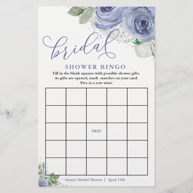 Papier Fête des mariées Florale Bleue & Argent Bingo Cart (Devant)