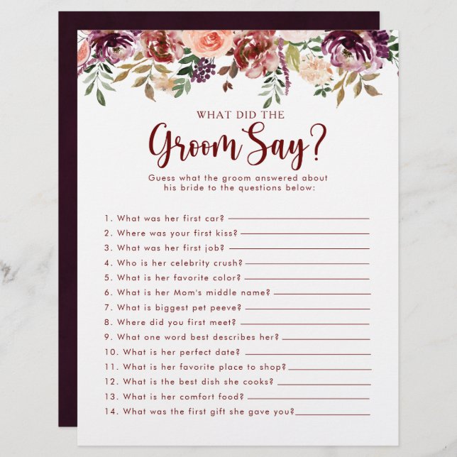 Papier Fête des mariées florale rustique Qu'est-ce que la (Devant / Derrière)