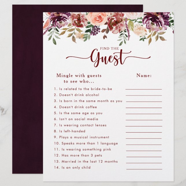 Papier Fête des mariées florale rustique Trouvez le jeu d (Devant / Derrière)