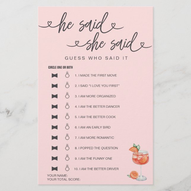 Papier Fête des mariées Jeu Il A Dit Qu'Elle A Dit Devine (Devant)