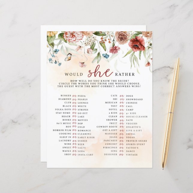 Papier Fête des mariées Jeu, Voudrait-Elle Plutôt (Devant/Arrière en situation)