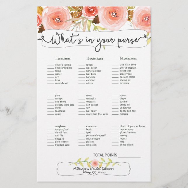 Papier Fête des mariées Jeux sac / bingo, floral roux (Devant)