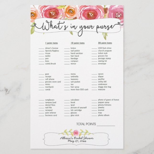 Papier Fête des mariées Jeux sac bingo, rose floral 3605 (Devant)