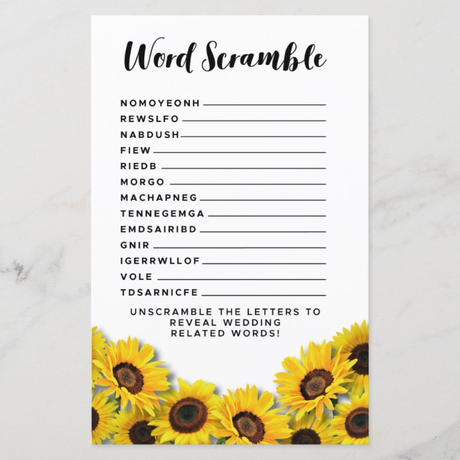 Papier Fête des mariées Jeux Word Scramble Jeu tournesol (Devant)