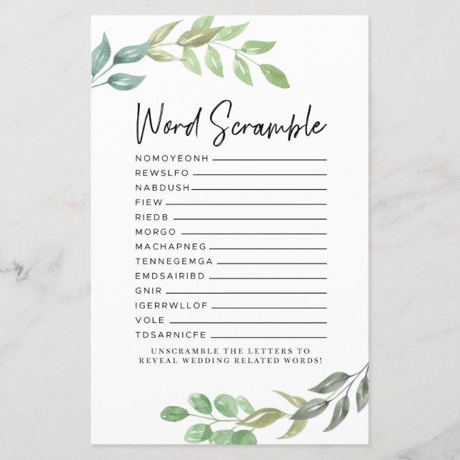 Papier Fête des mariées Jeux Word Scramble Jeu Vert (Devant)