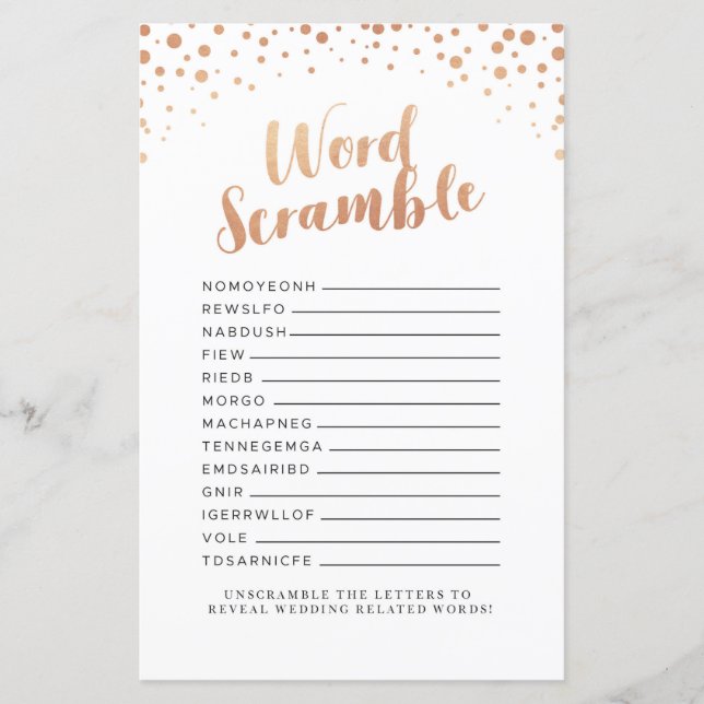 Papier Fête des mariées Jeux Word Scramble Rose Gold Jeu (Devant)