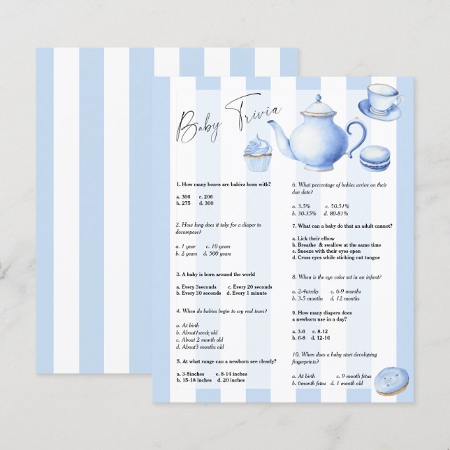 Papier Fête du thé bleu - Baby Trivia | Jeu baby shower (Devant / Derrière)
