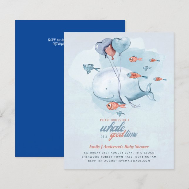 Papier Fête Prénatale Bébé Budget Invitation Baleine Vie  (Devant / Derrière)