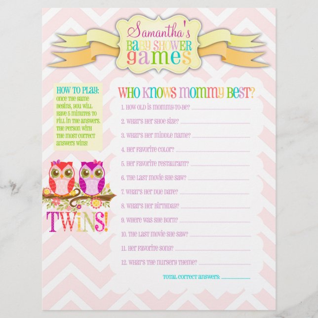 Papier Fiche d'activité de Owl Twin Girls "Baby showers G (Devant)