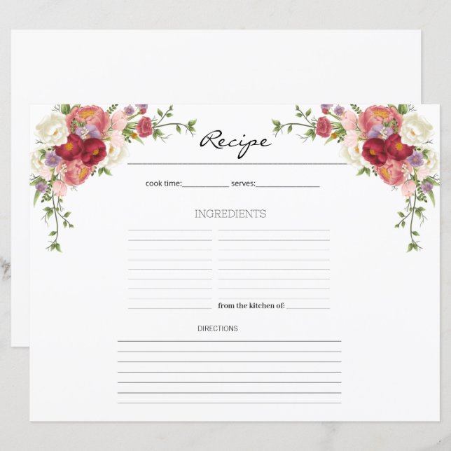 Papier Fiche de recette de cuisine florale de pivoine  (Devant / Derrière)