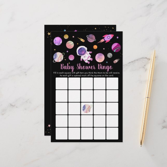 Papier Fille Astronaut Espace Baby shower Bingo Jeu (Devant/Arrière en situation)