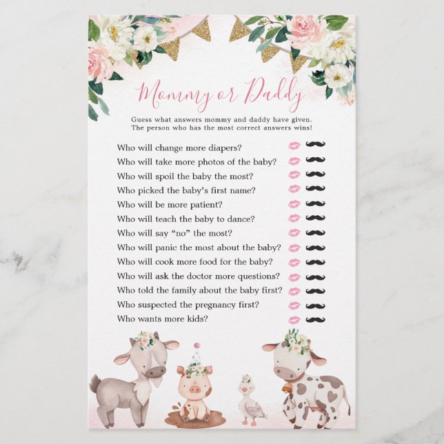 Papier Fille Baby shower de ferme rose maman ou papa (Devant)