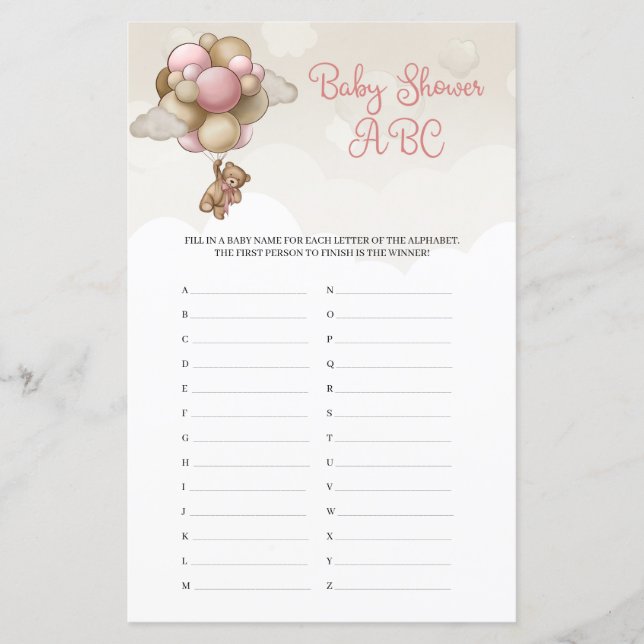 Papier Fille Teddy ours brun rose brun Baby shower ABC (Devant)