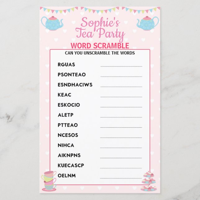 Papier Filles Anniversaire Tea Party Word Scramble (Devant)