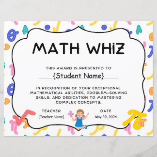 Papier Fin d'année Math Whiz Student Recognition Award