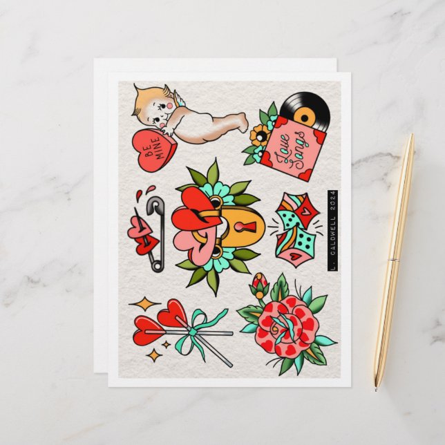 Papier Flash de tatouage Valentines (Devant/Arrière en situation)