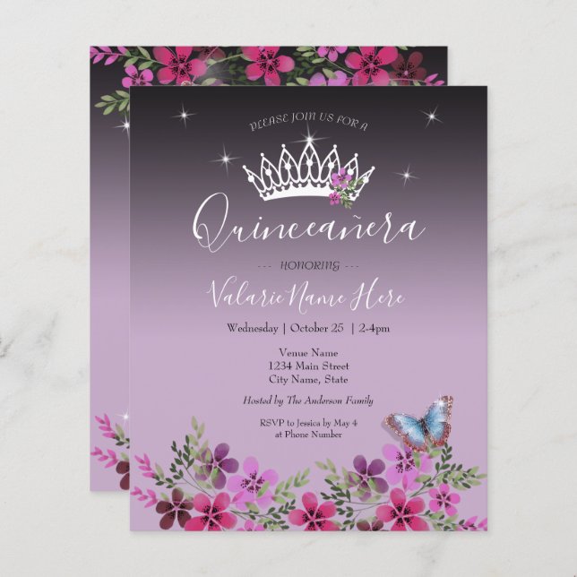 Papier Fleur Papillon Quinceanera Budget Invitation (Devant / Derrière)